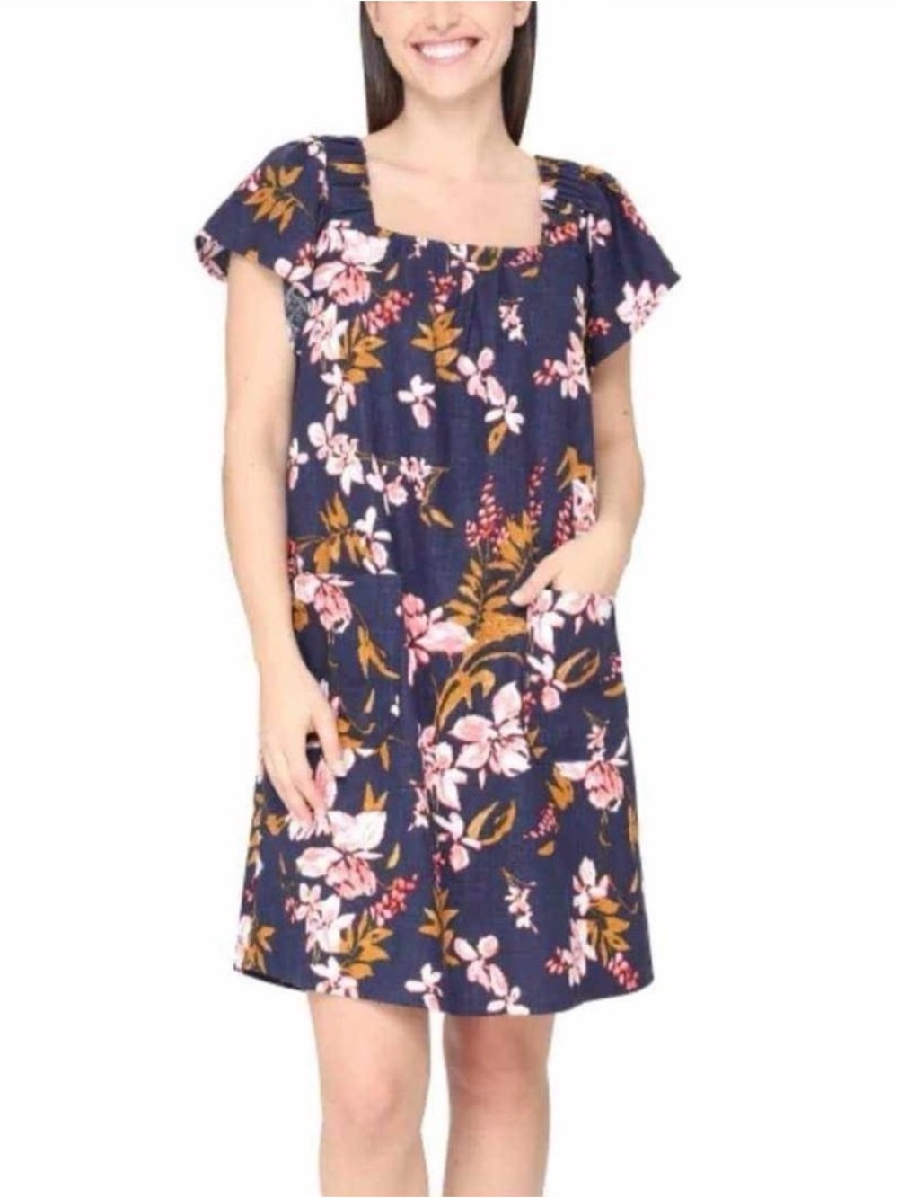 Nicole Miller Floral Linen-Blend Flutter Sleeve Mini Dress